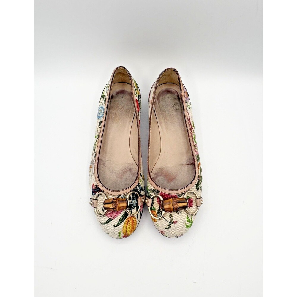 Gucci White Canvas Floral Print Ballet Flats Bamboo Horsebit Accent Size EU 35